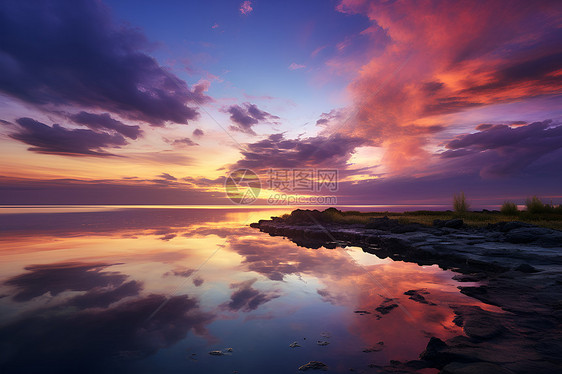 夕阳下的海岸风景图片