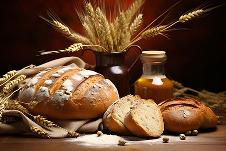 桌子上的面包和小麦高清图片