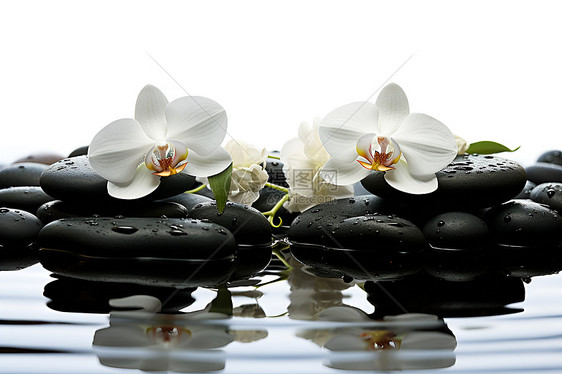 水面上的鹅卵石和花卉图片