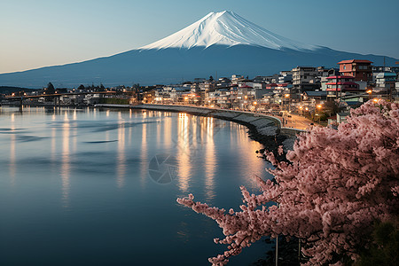 富士山樱花樱花下的城市背景