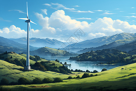 风力发电机在山谷里图片