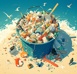 沙滩上满满一桶垃圾背景图片