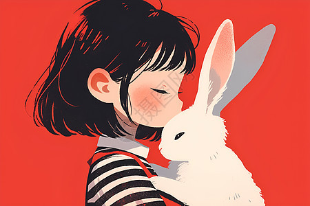 女孩拥抱着小白兔图片