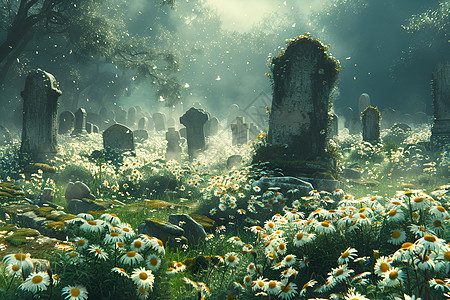 古墓园中野花绽放图片