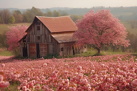 粉色花田中的农舍图片