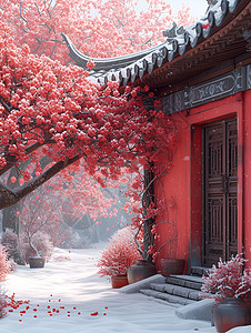 冬日红墙背景图片