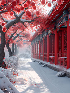 私家庭院红墙雪景插画