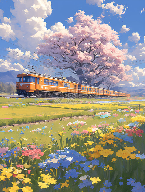 火车穿越绚烂的花田图片