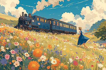 蓝裙女子和远处的列车图片