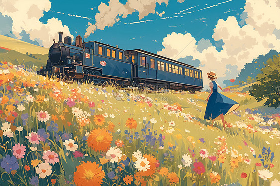 蓝裙女子和远处的列车图片