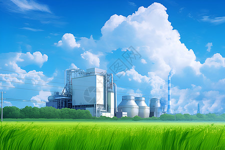 蔚蓝天空下的生物质发电厂图片