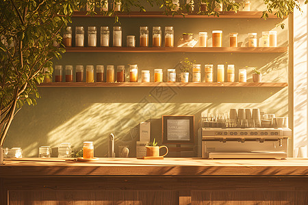 阳光下的茶饮店图片