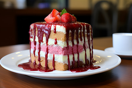 一块带有草莓的蛋糕图片