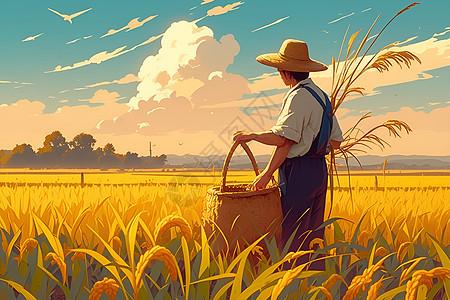 金色稻田里劳作的农民图片