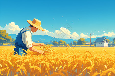 金色稻田里的农民图片