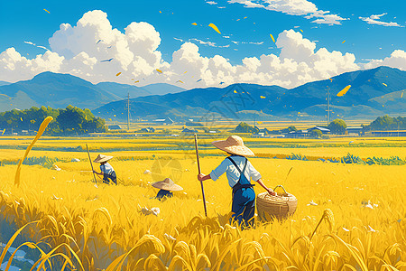 金黄稻田里辛勤劳作的农民背景图片