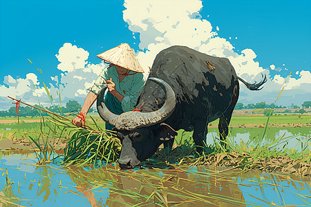 稻田里的农民和水牛图片