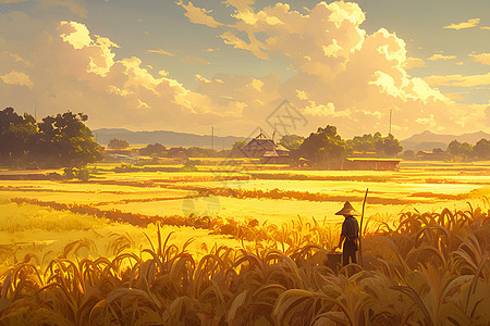 夕阳下的金黄稻田图片