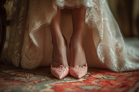 新娘的粉色缎面高跟鞋图片