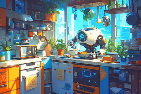 未来厨房中的机器人物工作图片