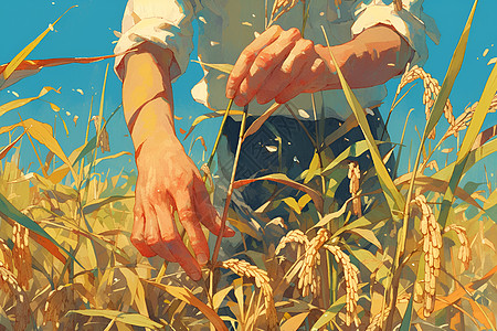 稻田中农民的手图片