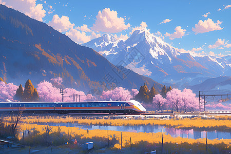 列车穿越春天的美景图片