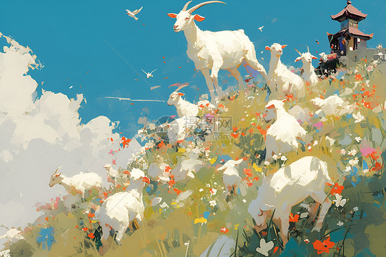 野花丛中嬉戏的小山羊图片