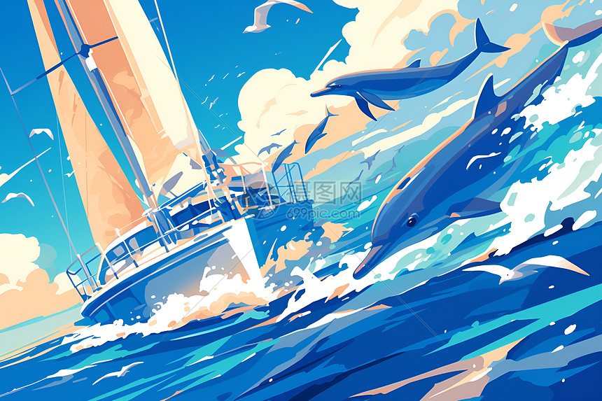 海洋中的帆船和海豚插画图片