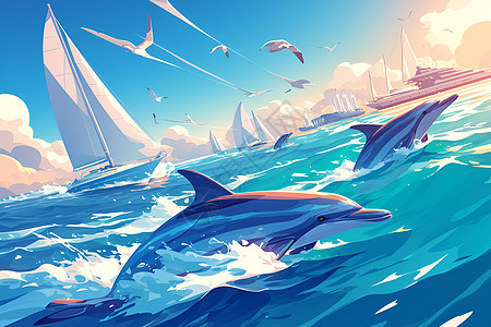 海洋中的海豚和帆船图片
