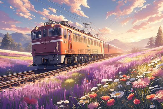 春意盎然的美景和火车图片