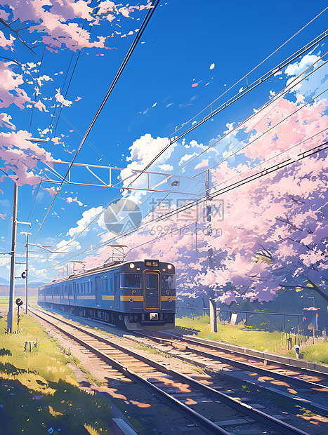 火车沿着樱花树行驶图片