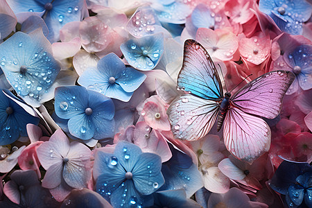 绣球花色彩盛宴鲜花和蝴蝶插画