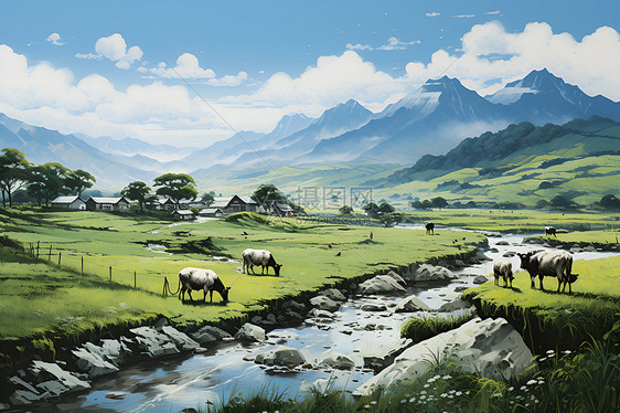 溪流羊群自然风景图片