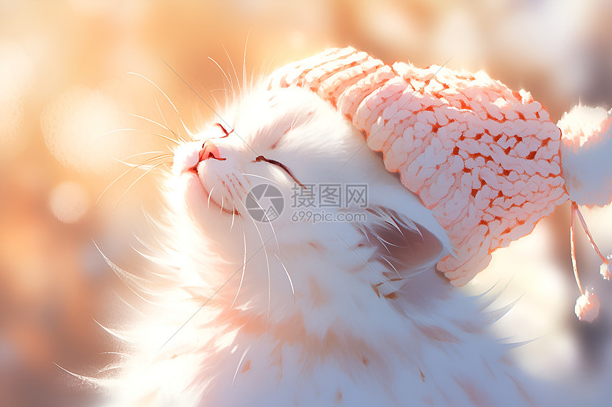 冬日阳光下的可爱白猫图片