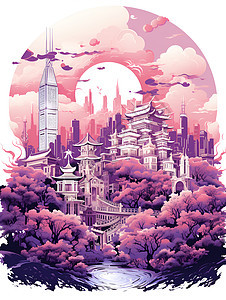紫色的城市插画图片