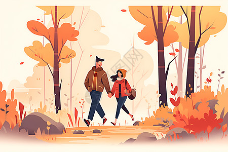 秋季徒步的情侣背景图片