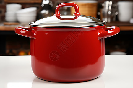 红色锅子放在桌上图片
