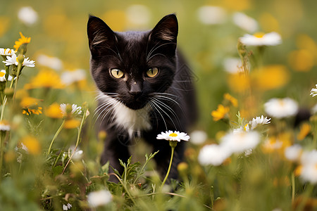 在鲜花与雏菊田间的猫咪图片