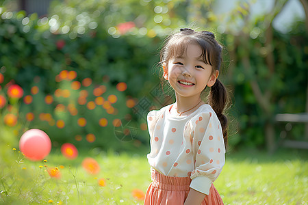 草地上开心玩耍的小女孩图片