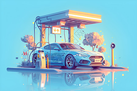 蓝色汽车和燃油站高清图片