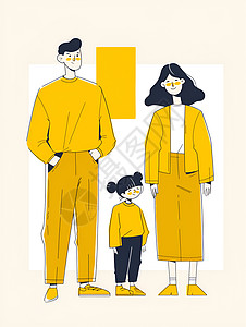穿着黄色衣服的一家三口插画