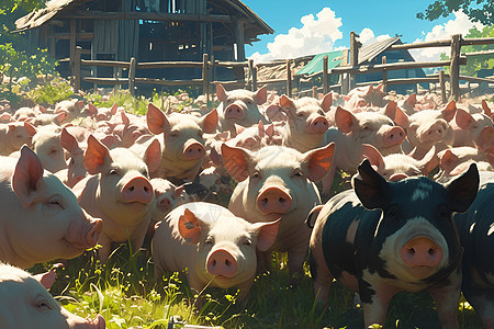 猪场中的猪群插画图片