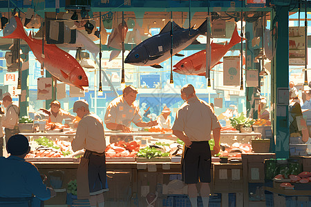 鱼市的热闹景象背景图片