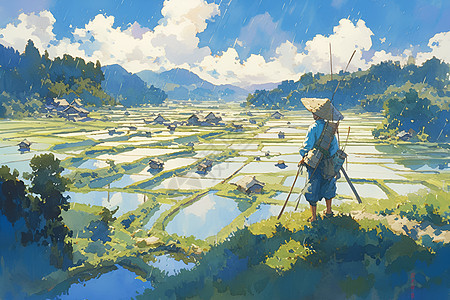 稻田中的农夫艺术画图片