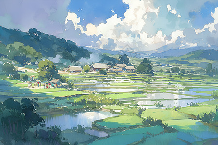 绘画的绿色稻田图片