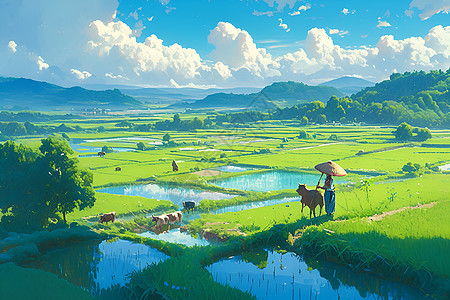 田野的水稻和农民图片