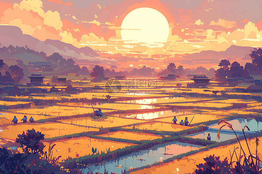 夕阳余晖下的稻田图片