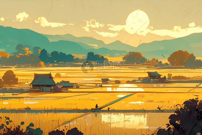 夕阳下的稻田插画图片