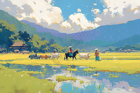 乡村稻田中的农夫图片