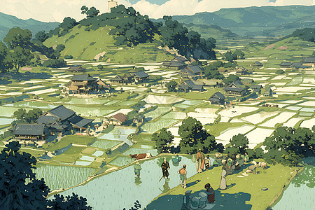 乡村稻田中的农民图片